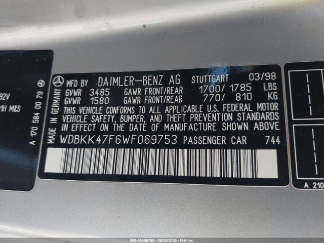 45466765 :رقم المزاد ، WDBKK47F6WF069753 vin ، 1998 Mercedes-benz Slk 230 مزاد بيع