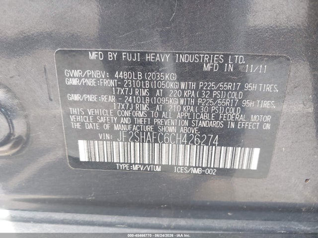 Aukcja sprzedaży 2012 Subaru Forester 2.5x Limited, vin: JF2SHAFC6CH426274, numer aukcji: 45466770