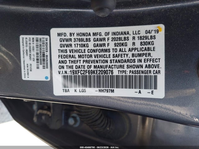 Honda Civic Lx 2019 19XFC2F69KE209076 Image 9