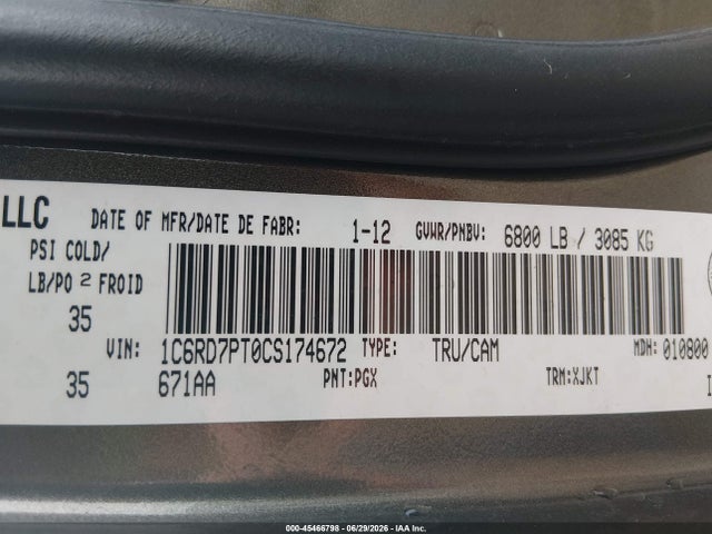 45466798 :رقم المزاد ، 1C6RD7PT0CS174672 vin ، 2012 Ram 1500 Laramie Longhorn مزاد بيع