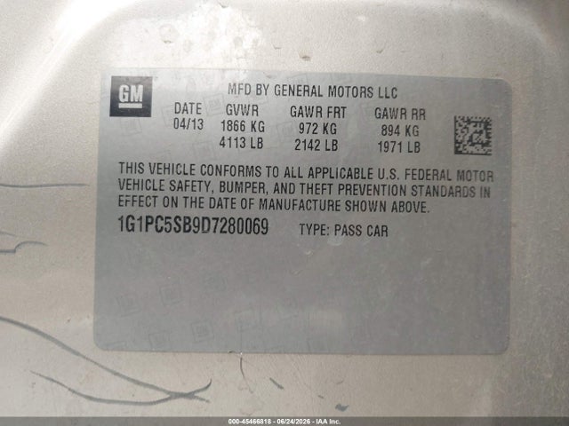 45466818 :رقم المزاد ، 1G1PC5SB9D7280069 vin ، 2013 Chevrolet Cruze 1lt Auto مزاد بيع