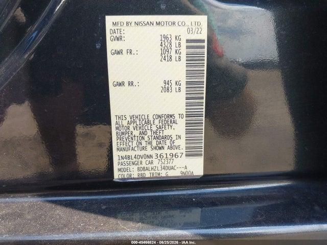 1N4BL4DV0NN361967 Nissan Altima Sv Fwd