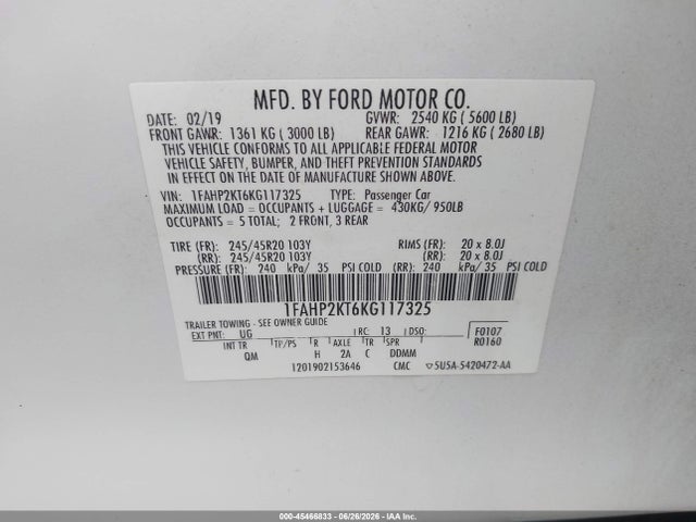 Aukcja sprzedaży 2019 Ford Taurus Sho, vin: 1FAHP2KT6KG117325, numer aukcji: 45466833