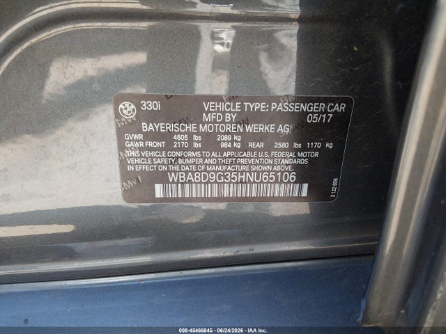 45466845 :رقم المزاد ، WBA8D9G35HNU65106 vin ، 2017 Bmw 330i Xdrive مزاد بيع