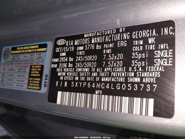 2020 Kia Telluride S მანქანა იყიდება აუქციონზე, vin: 5XYP64HC4LG053737, აუქციონის ნომერი: 45466860