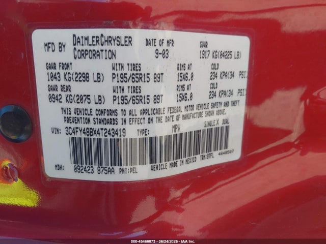 Продаж на аукціоні авто 2004 Chrysler Pt Cruiser, vin: 3C4FY48BX4T243419, номер лоту: 45466873
