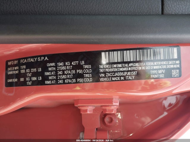 45466894 :رقم المزاد ، ZACCJABB6JPJ61587 vin ، 2018 Jeep Renegade Latitude Fwd مزاد بيع