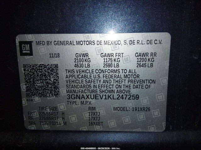 Auction sale of the 2019 Chevrolet Equinox Lt, vin: 3GNAXUEV1KL247259, lot number: 45466905