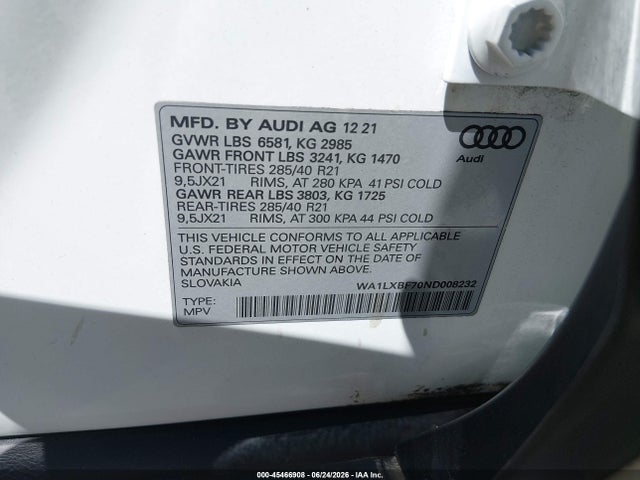 Продаж на аукціоні авто 2022 Audi Q7 Premium Plus 55 Tfsi Quattro Tiptronic, vin: WA1LXBF70ND008232, номер лоту: 45466908