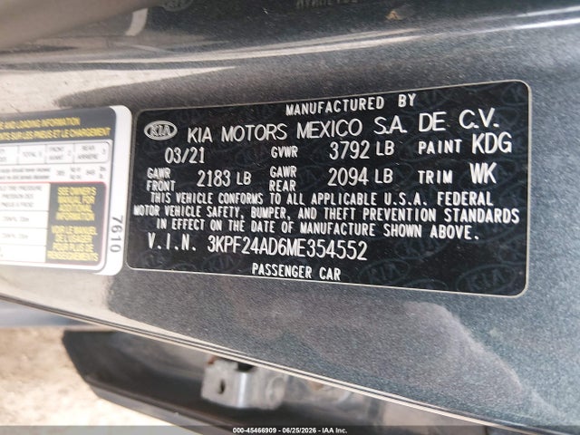 45466909 :رقم المزاد ، 3KPF24AD6ME354552 vin ، 2021 Kia Forte Lxs مزاد بيع