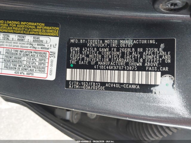 Auction sale of the 2007 Toyota Camry Le, vin: 4T1BE46K97U713875, lot number: 45466915