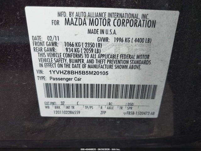Aukcja sprzedaży 2011 Mazda Mazda6 I Sport, vin: 1YVHZ8BH5B5M20105, numer aukcji: 45466925