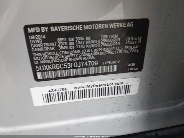 Auction sale of the 2015 Bmw X5 Xdrive50i, vin: 5UXKR6C53F0J74709, lot number: 45466932