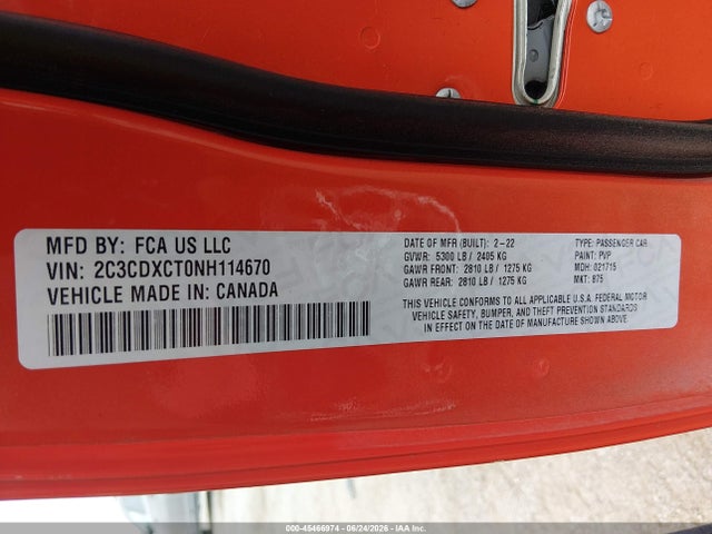 2022 Dodge Charger R/t მანქანა იყიდება აუქციონზე, vin: 2C3CDXCT0NH114670, აუქციონის ნომერი: 45466974