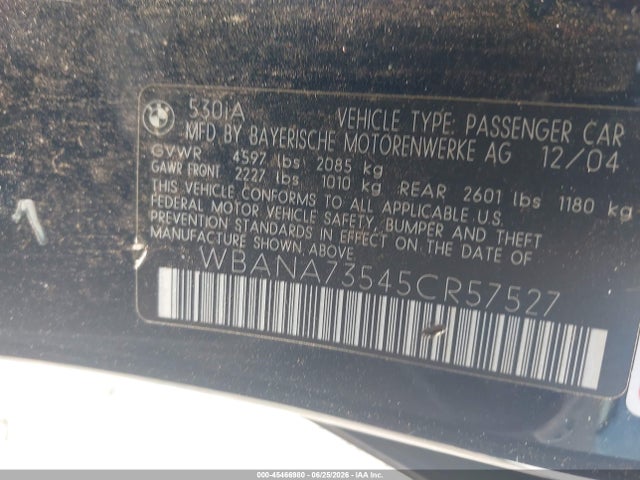 Aukcja sprzedaży 2005 Bmw 530i, vin: WBANA73545CR57527, numer aukcji: 45466980
