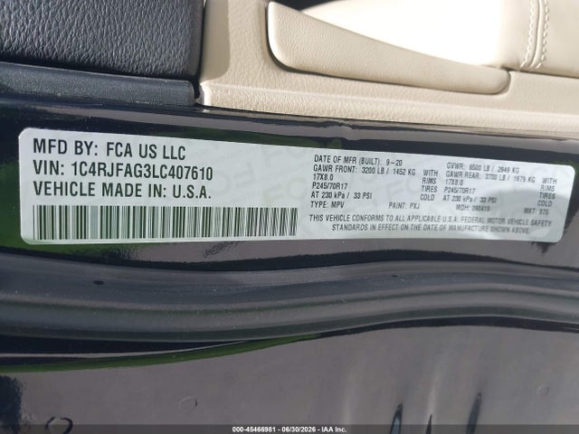 Aukcja sprzedaży 2020 Jeep Grand Cherokee Laredo E 4x4, vin: 1C4RJFAG3LC407610, numer aukcji: 45466981