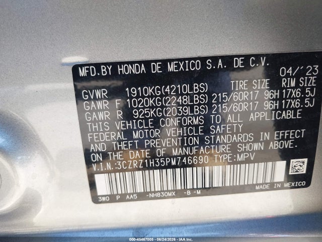 3CZRZ1H35PM746690 Honda Hr-v 2wd Lx