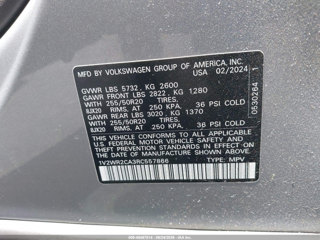 Aukcja sprzedaży 2024 Volkswagen Atlas 2.0t Se W/technology, vin: 1V2WR2CA3RC557866, numer aukcji: 45467014