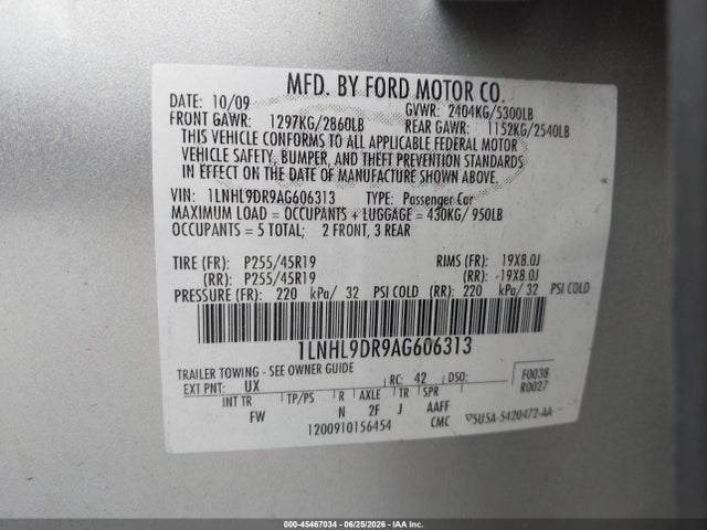 45467034 :رقم المزاد ، 1LNHL9DR9AG606313 vin ، 2010 Lincoln Mks مزاد بيع