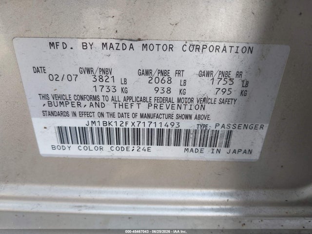 2007 Mazda Mazda3 I მანქანა იყიდება აუქციონზე, vin: JM1BK12FX71711493, აუქციონის ნომერი: 45467043
