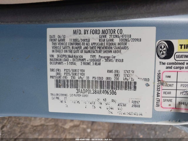 45467080 :رقم المزاد ، 3FADP0L38AR406506 vin ، 2010 Ford Fusion Hybrid مزاد بيع