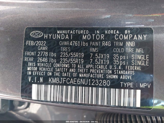 Aukcja sprzedaży 2022 Hyundai Tucson N Line, vin: KM8JFCAE6NU123280, numer aukcji: 45467092