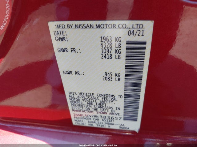 1N4BL4CV7MN383657 Nissan Altima Sr Fwd