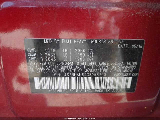 45467138 :رقم المزاد ، 4S3BNAN69G3058713 vin ، 2016 Subaru Legacy 2.5i Limited مزاد بيع