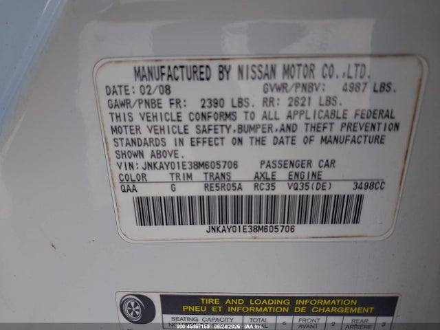 Продаж на аукціоні авто 2008 Infiniti M35, vin: JNKAY01E38M605706, номер лоту: 45467159