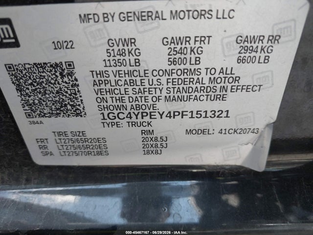 2023 Chevrolet Silverado 2500hd 4wd  Standard Bed Ltz მანქანა იყიდება აუქციონზე, vin: 1GC4YPEY4PF151321, აუქციონის ნომერი: 45467167
