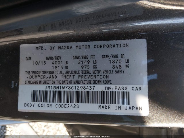 45467226 :رقم المزاد ، JM1BM1W78G1298437 vin ، 2016 Mazda Mazda3 مزاد بيع