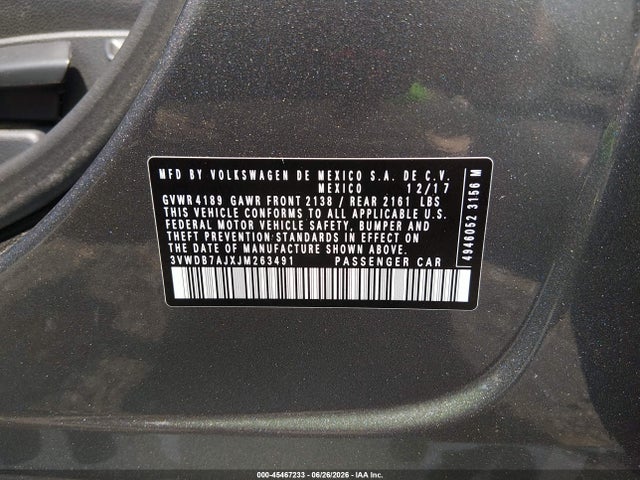 Aukcja sprzedaży 2018 Volkswagen Jetta 1.4t Se/1.4t Wolfsburg Edition, vin: 3VWDB7AJXJM263491, numer aukcji: 45467233