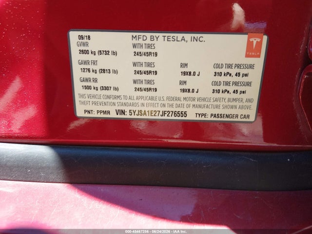 Aukcja sprzedaży 2018 Tesla Model S 100d/75d/p100d, vin: 5YJSA1E27JF276555, numer aukcji: 45467256