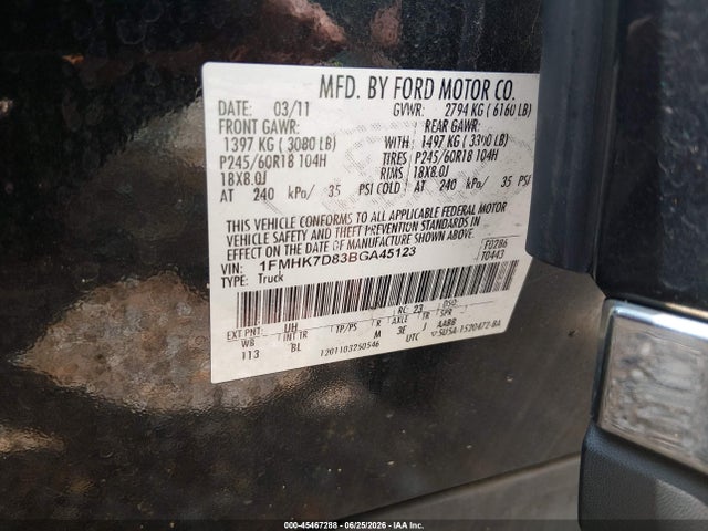 2011 Ford Explorer Xlt მანქანა იყიდება აუქციონზე, vin: 1FMHK7D83BGA45123, აუქციონის ნომერი: 45467288
