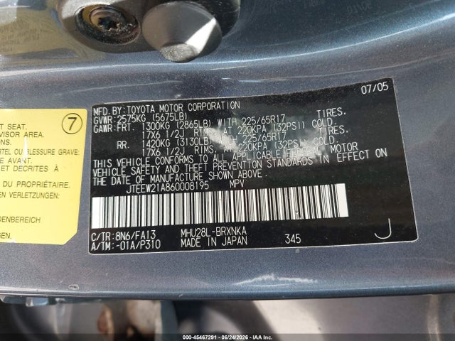 Продаж на аукціоні авто 2006 Toyota Highlander Hybrid V6, vin: JTEEW21A860008195, номер лоту: 45467291