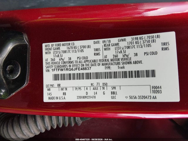 Auction sale of the 2018 Ford F-150 Raptor, vin: 1FTFW1RG6JFE48837, lot number: 45467325