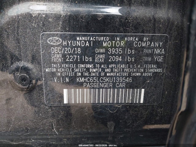 2019 Hyundai Ioniq Hybrid Blue მანქანა იყიდება აუქციონზე, vin: KMHC65LC5KU139546, აუქციონის ნომერი: 45467353