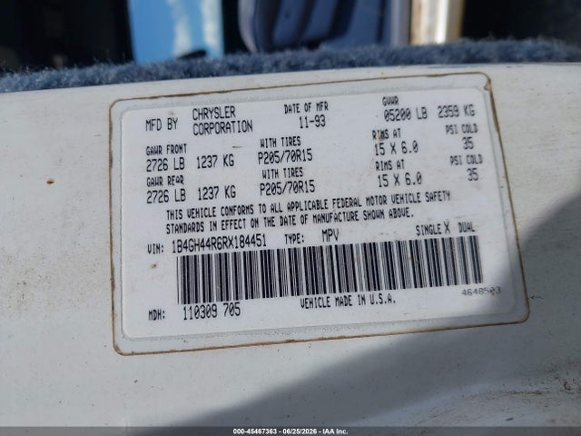 1994 Dodge Grand Caravan Se მანქანა იყიდება აუქციონზე, vin: 1B4GH44R6RX184451, აუქციონის ნომერი: 45467363