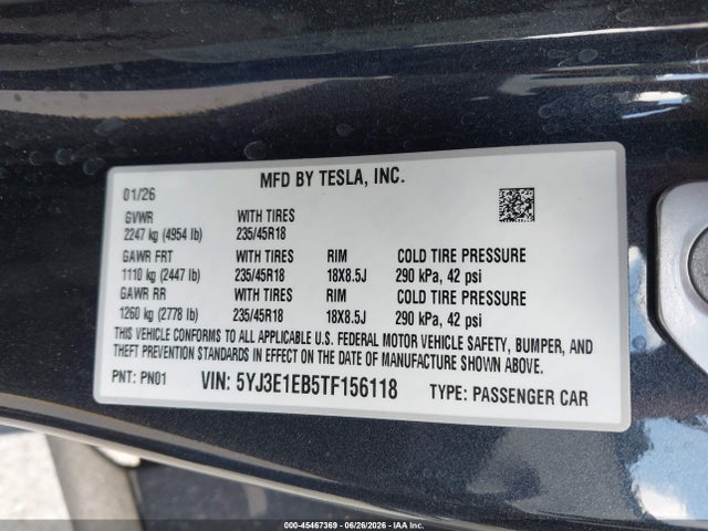Aukcja sprzedaży 2026 Tesla Model 3 Premium All-wheel Drive, vin: 5YJ3E1EB5TF156118, numer aukcji: 45467369