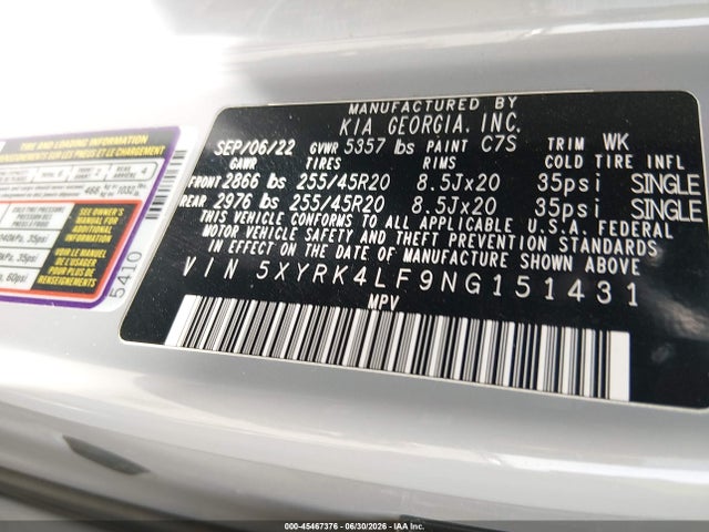 45467376 :رقم المزاد ، 5XYRK4LF9NG151431 vin ، 2022 Kia Sorento Sx مزاد بيع