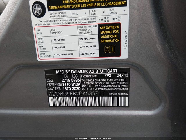 Auction sale of the 2013 Mercedes-benz S 550 4matic, vin: WDDNG9EB2DA535711, lot number: 45467397