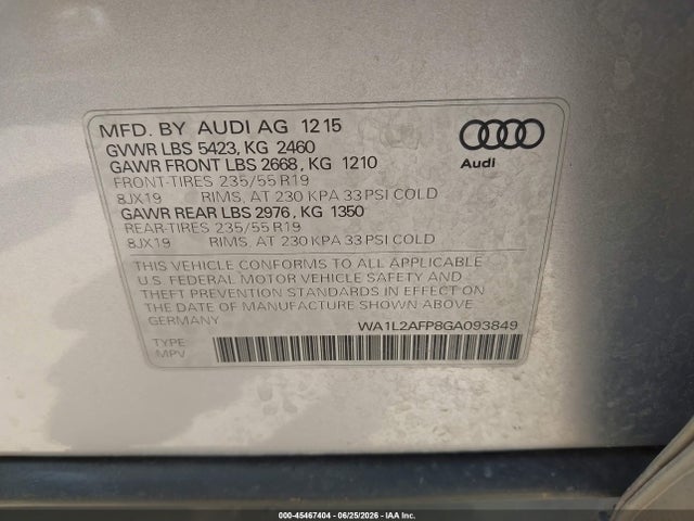 Продажа на аукционе авто 2016 Audi Q5 2.0t Premium, vin: WA1L2AFP8GA093849, номер лота: 45467404