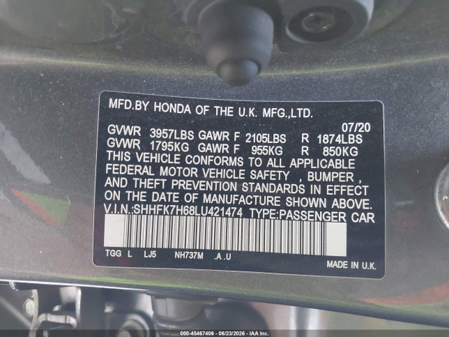 Honda CIVIC EX 2020 SHHFK7H68LU421474 Image 9