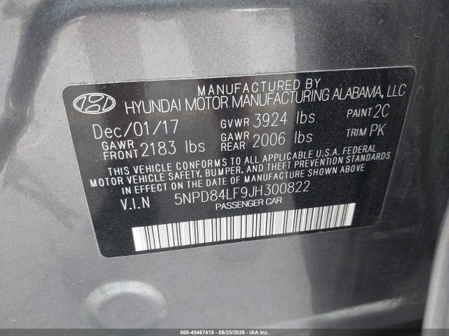 45467418 :رقم المزاد ، 5NPD84LF9JH300822 vin ، 2018 Hyundai Elantra Sel مزاد بيع