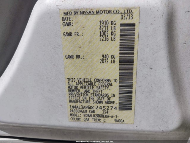 2013 Nissan Altima 2.5 S მანქანა იყიდება აუქციონზე, vin: 1N4AL3AP6DC245274, აუქციონის ნომერი: 45467423
