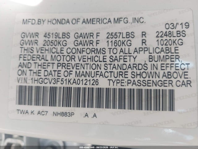 1HGCV3F51KA012126 Honda Accord Hybrid Ex-l