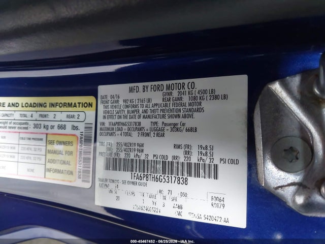 2016 Ford Mustang Ecoboost მანქანა იყიდება აუქციონზე, vin: 1FA6P8TH6G5317838, აუქციონის ნომერი: 45467452