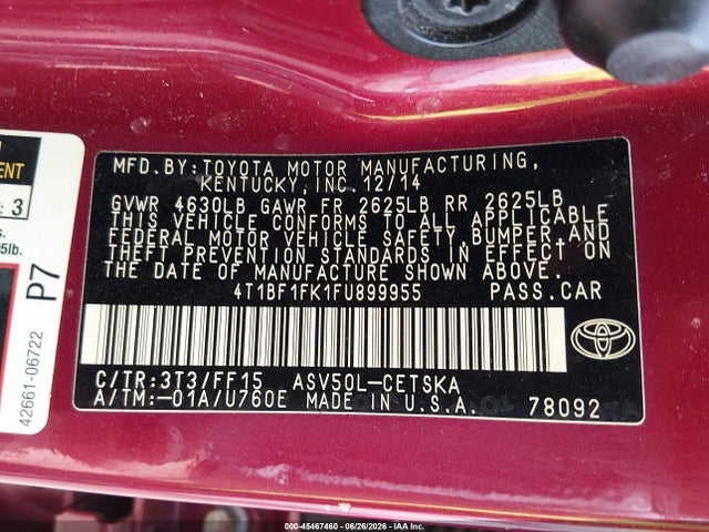 2015 Toyota Camry Se მანქანა იყიდება აუქციონზე, vin: 4T1BF1FK1FU899955, აუქციონის ნომერი: 45467460
