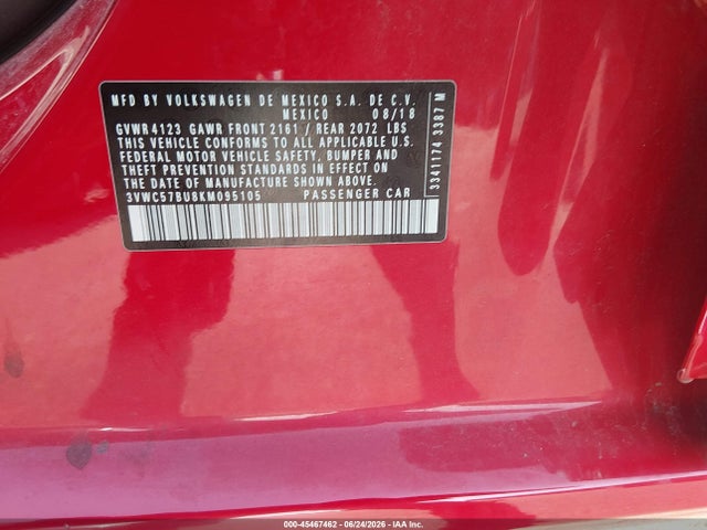45467462 :رقم المزاد ، 3VWC57BU8KM095105 vin ، 2019 Volkswagen Jetta 1.4t R-line/1.4t S/1.4t Se مزاد بيع