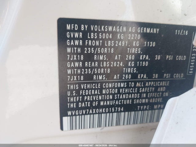 Auction sale of the 2017 Volkswagen Tiguan 2.0t Sport, vin: WVGUV7AX0HK015794, lot number: 45467467